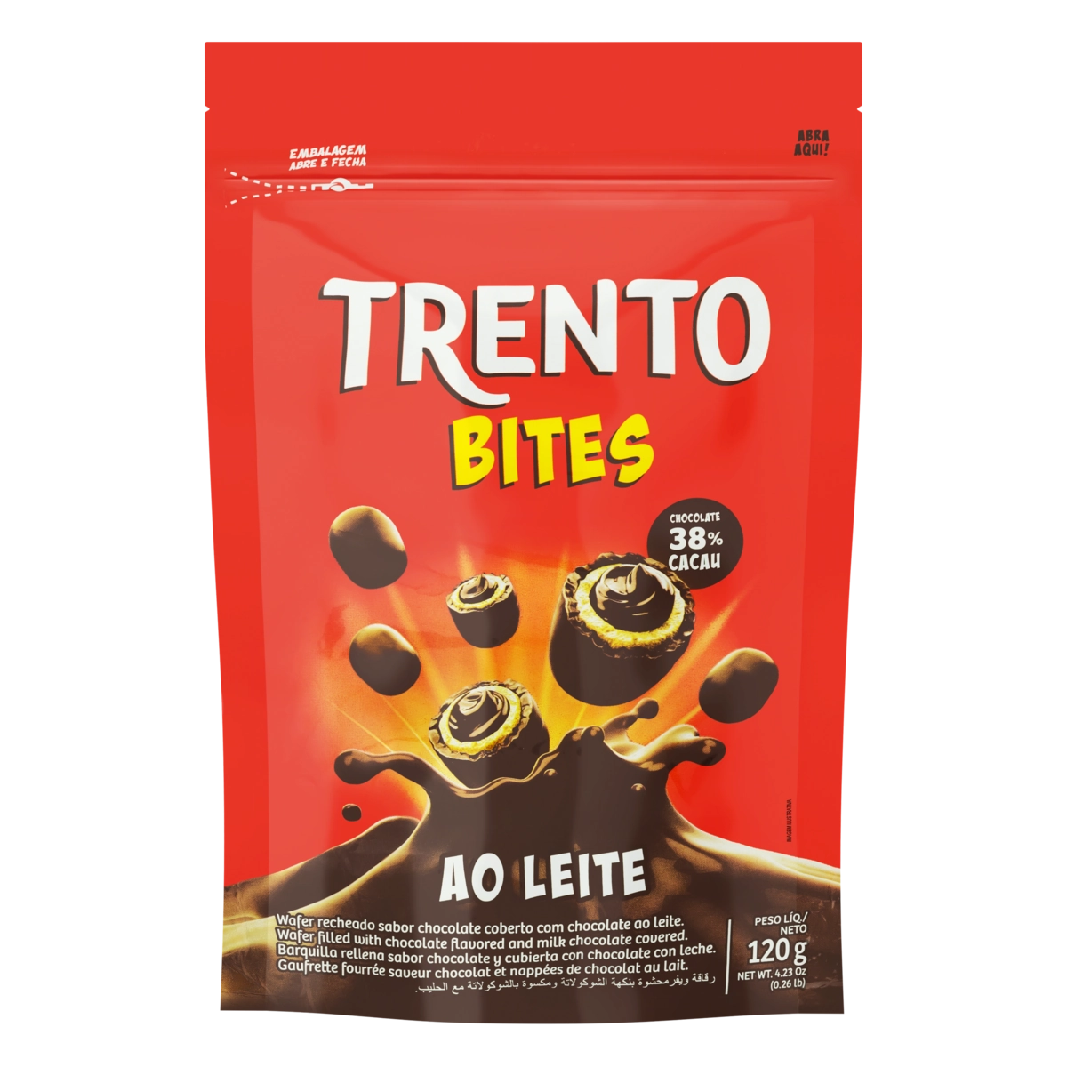Wafer Recheio Chocolate Cobertura Chocolate Ao Leite Trento Bites Pouch 120g