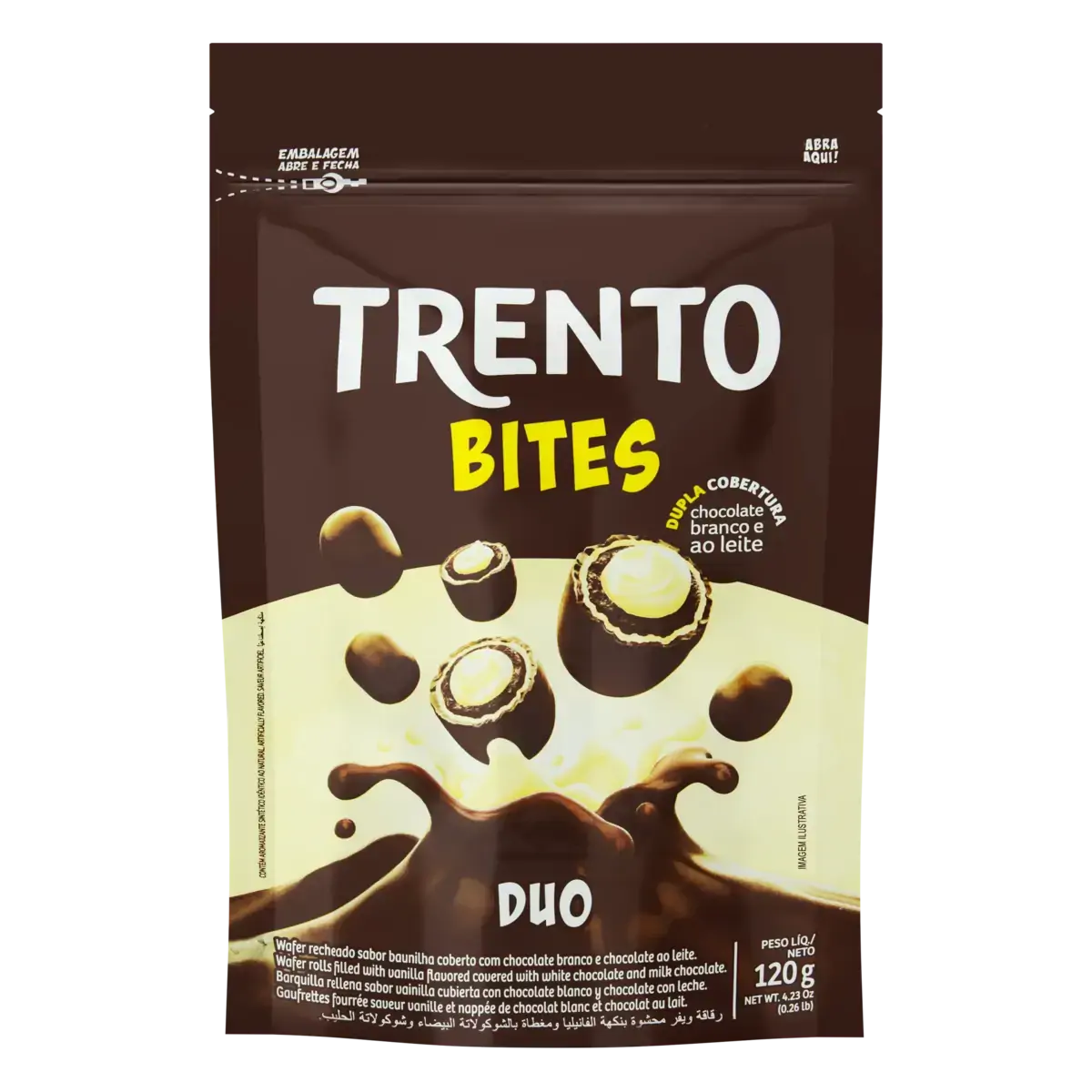 Wafer Duo Recheio Baunilha Cobertura Chocolate Branco E Chocolate Ao Leite Trento Bites Pouch 120g