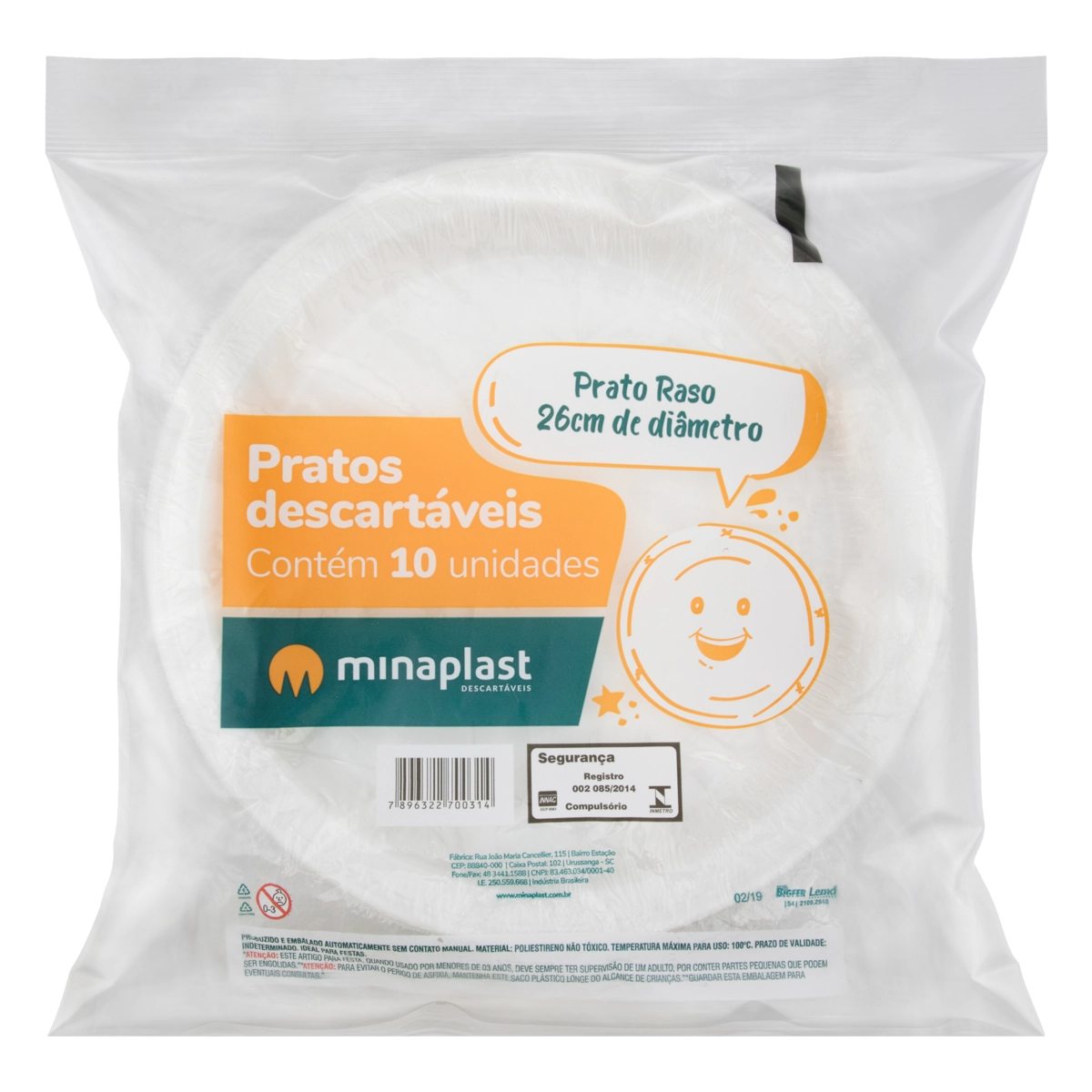 Prato Plástico Descartável Raso Branco Minaplast 26cm Pacote 10 Unidades