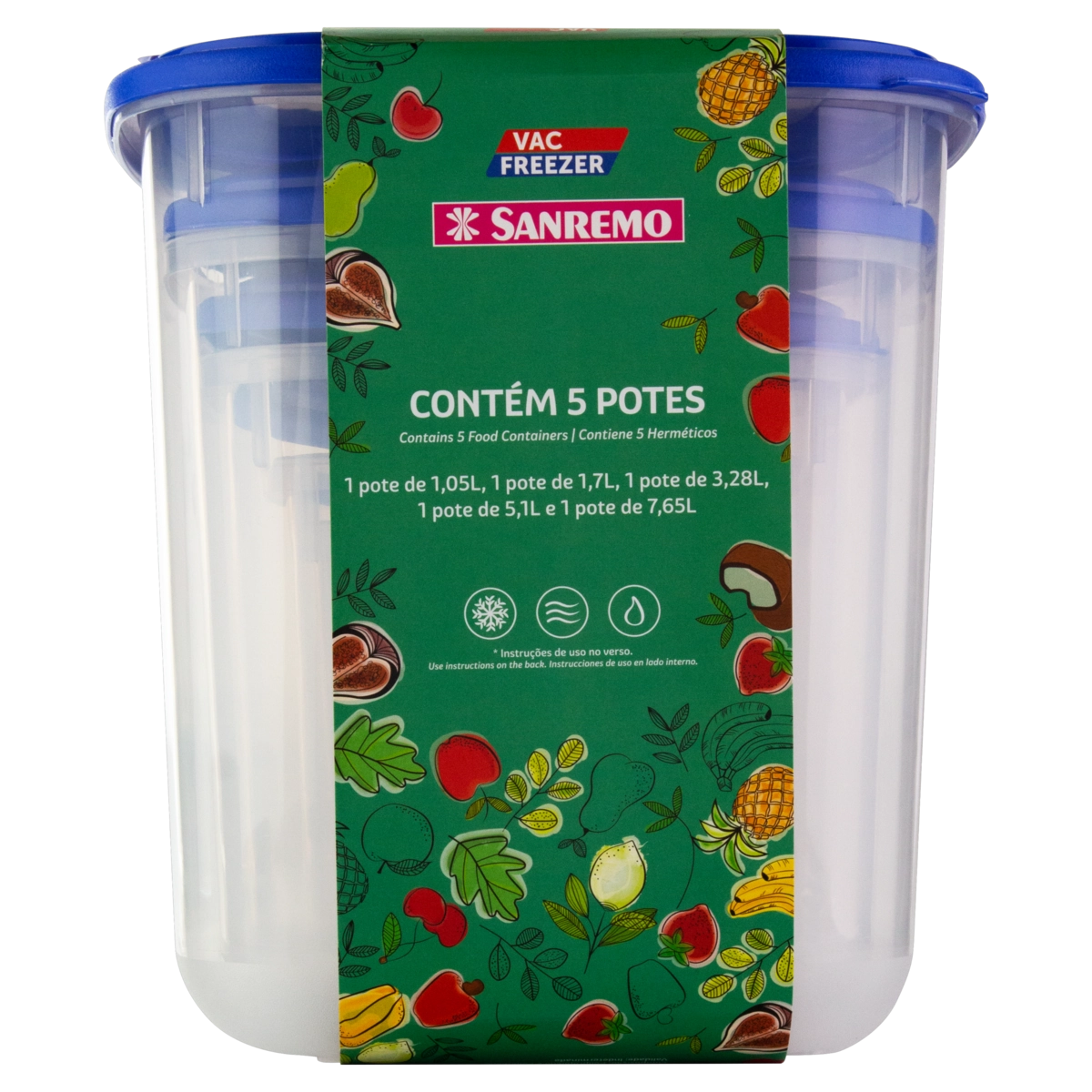 Conjunto Pote Plástico Azul Quadrado Sanremo Vac Freezer 5 Unidades