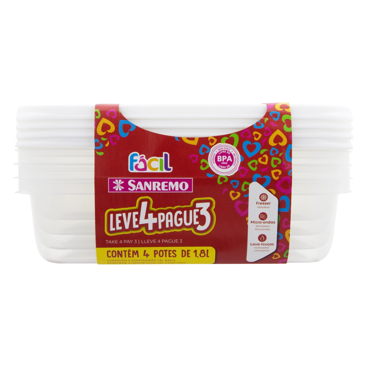 Conjunto Pote Plástico Branco Retangular 1,8l Sanremo Fácil Leve 4 Pague 3 Unidades