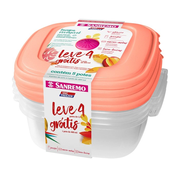 Conjunto Pote Plástico Amarelo Quadrado1,3l Sanremo Vac Freezer 4 Unidades Grátis 1 Pote De 480ml