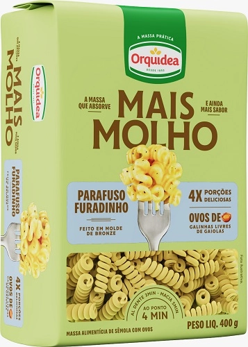 Macarrão De Sêmola Com Ovos Parafuso Furadinho Orquídea Mais Molho Pacote 400g