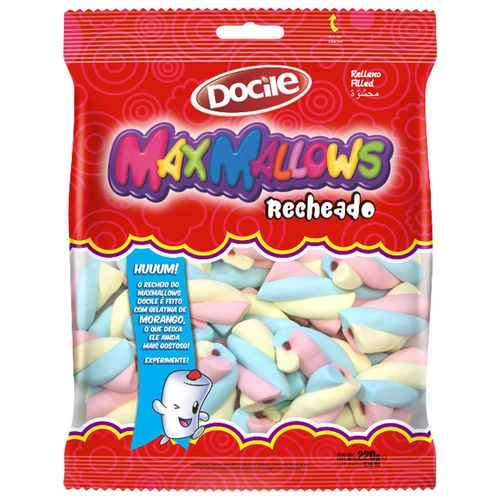 Marshmallow Baunilha Recheio Morango Twist Colorido Docile Maxmallows Pacote 220g