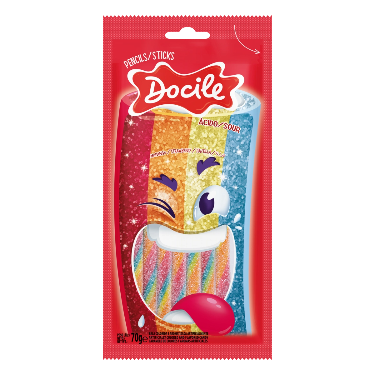 Bala Morango ácido Canudinho Colorido Docile Pacote 70g