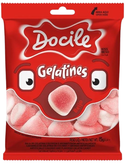 Bala De Gelatina Morango Beijo Docile Gelatines Pacote 15g