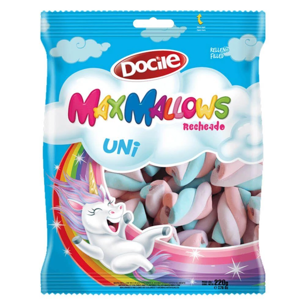 Marshmallow Baunilha Recheio Morango Uni Docile Maxmallows Pacote 220g