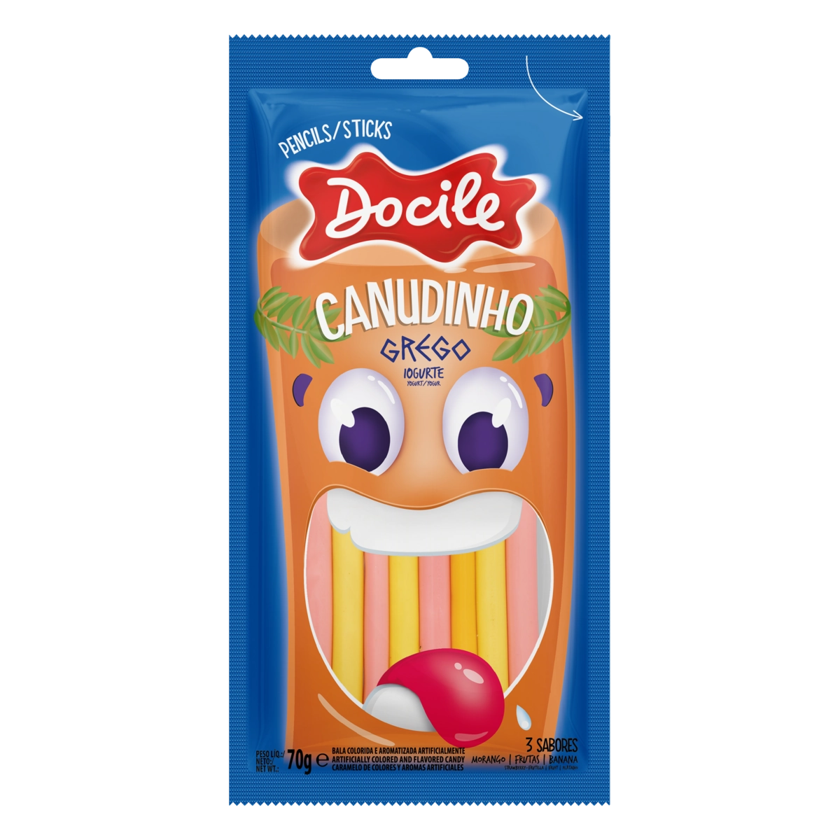 Bala Iogurte Grego Morango, Frutas Ou Banana Canudinho Docile Pacote 70g