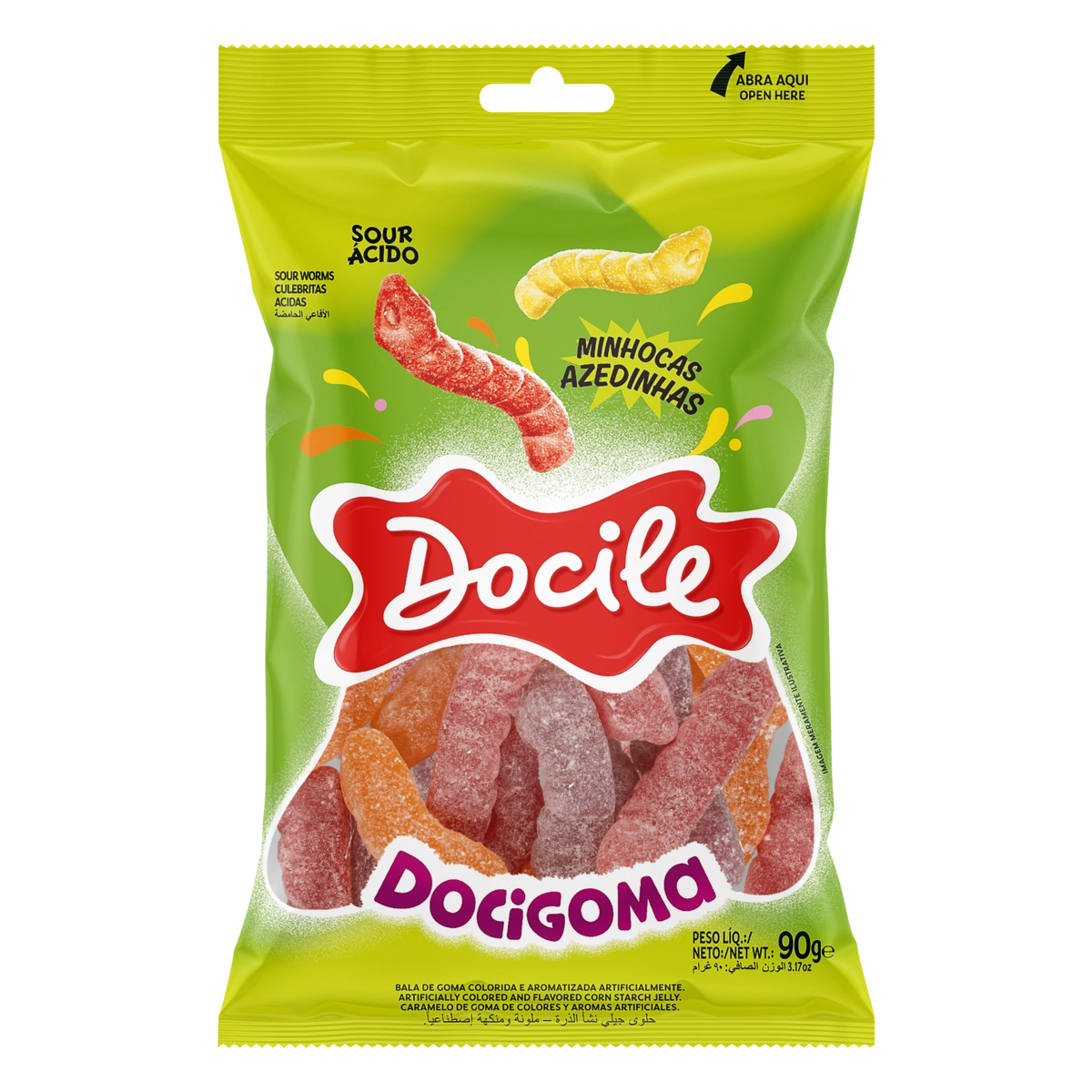 Bala De Goma Sortida Minhocas Azedinhas Docile Docigoma Pacote 90g