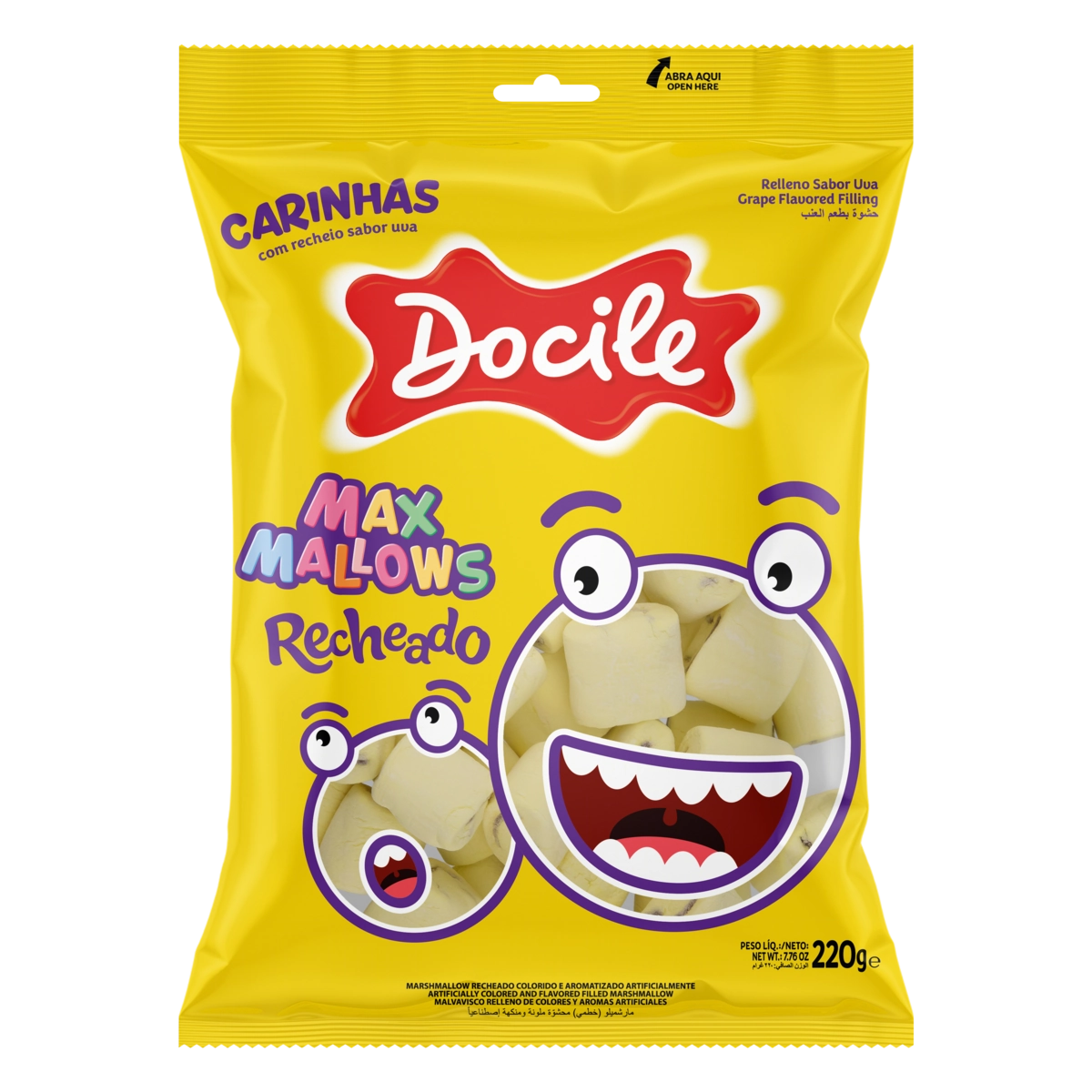 Marshmallow Baunilha Recheio Uva Carinhas Docile Maxmallows Pacote 220g