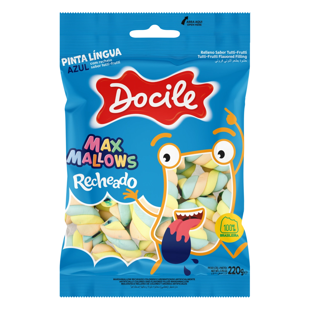 Marshmallow Baunilha Recheio Tutti Frutti Pinta Língua Azul Docile Maxmallows Pacote 220g