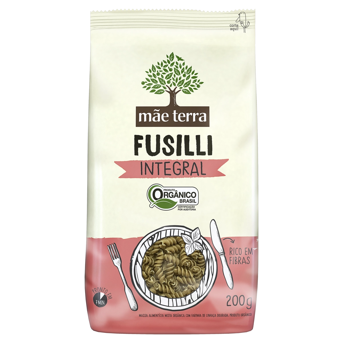 Macarrão Com Linhaça Integral Orgânico Fusilli Mãe Terra Pacote 200g