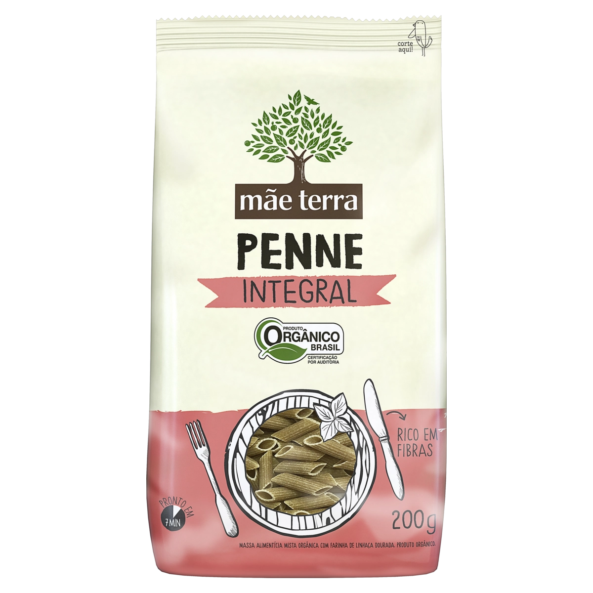 Macarrão Com Linhaça Integral Orgânico Penne Mãe Terra Pacote 200g