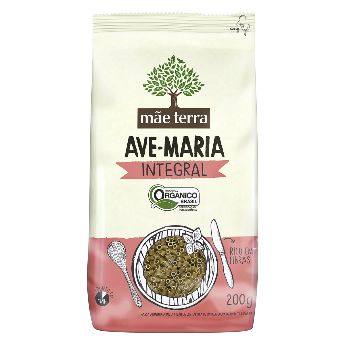 Macarrão Com Linhaça Integral Orgânico Ave Maria Mãe Terra Pacote 200g