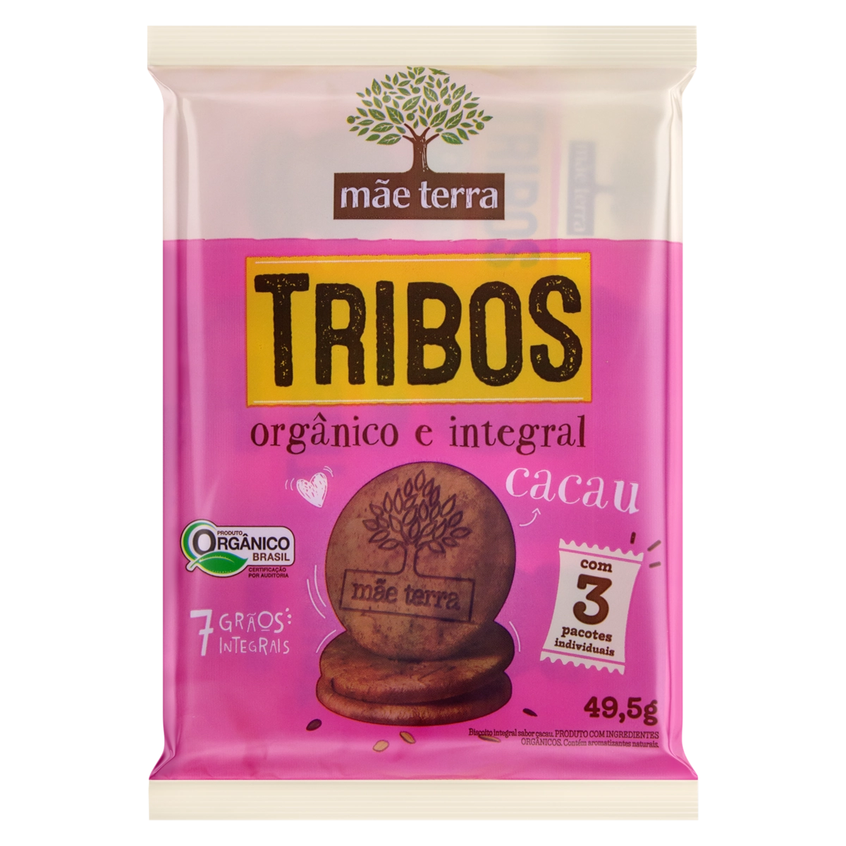 Pack Biscoito Integral Orgânico Cacau Mãe Terra Tribos Pacote 49,5g 3 Unidades
