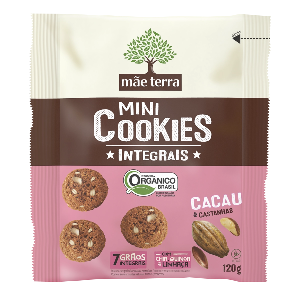 Biscoito Vegano Integral Orgânico Cacau Castanha Mãe Terra Mini Cookies Pacote 120g