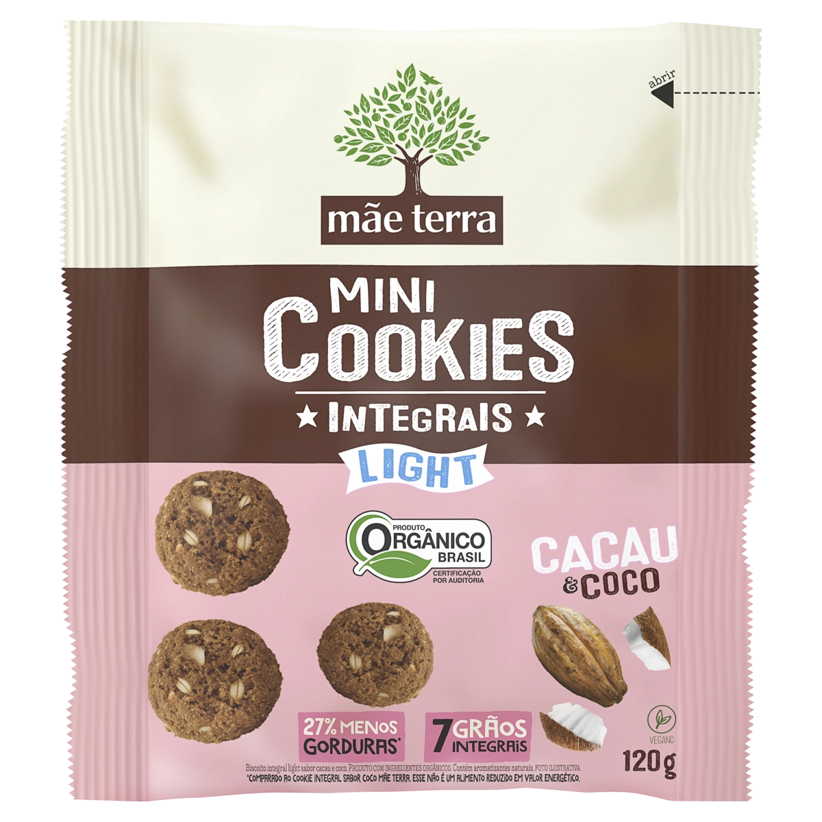 Biscoito Vegano Integral Orgânico Cacau Coco Light Mãe Terra Mini Cookies Pacote 120g