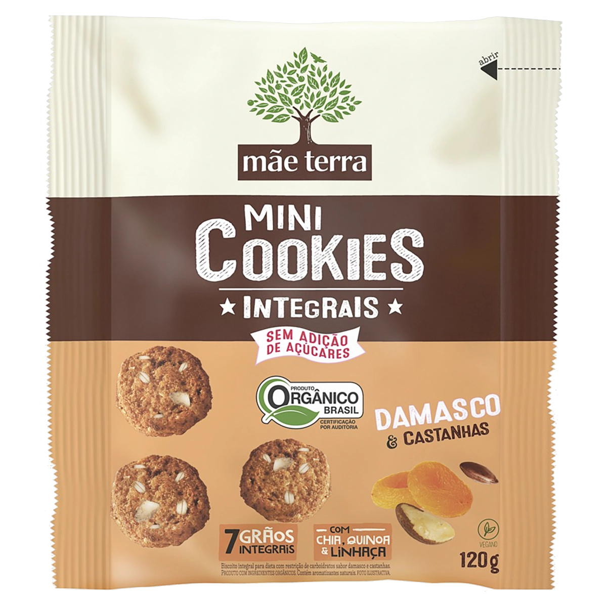 Biscoito Vegano Integral Orgânico Damasco Castanhas Mãe Terra Mini Cookies Pacote 120g