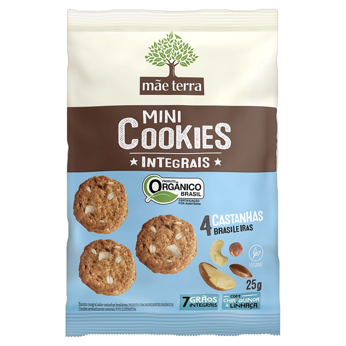 Biscoito Vegano Integral Orgânico 4 Castanhas Brasileiras Mãe Terra Mini Cookies Pacote 25g
