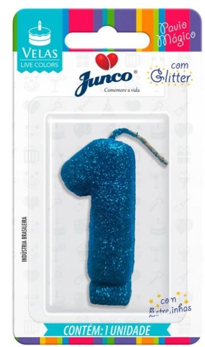 Vela Aniver Junco Live Colors Glitter N1 Azul