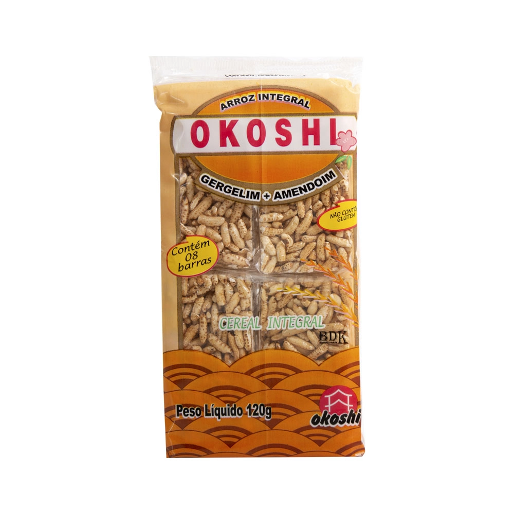 Arroz Crocante Integral Gergelim E Amendoim Okoshi Pacote 120g 8 Unidades