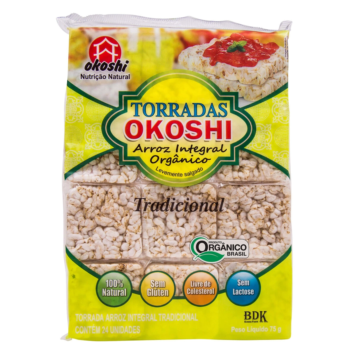 Torrada De Arroz Integral Orgânica Tradicional Okoshi Pacote 75g 24 Unidades