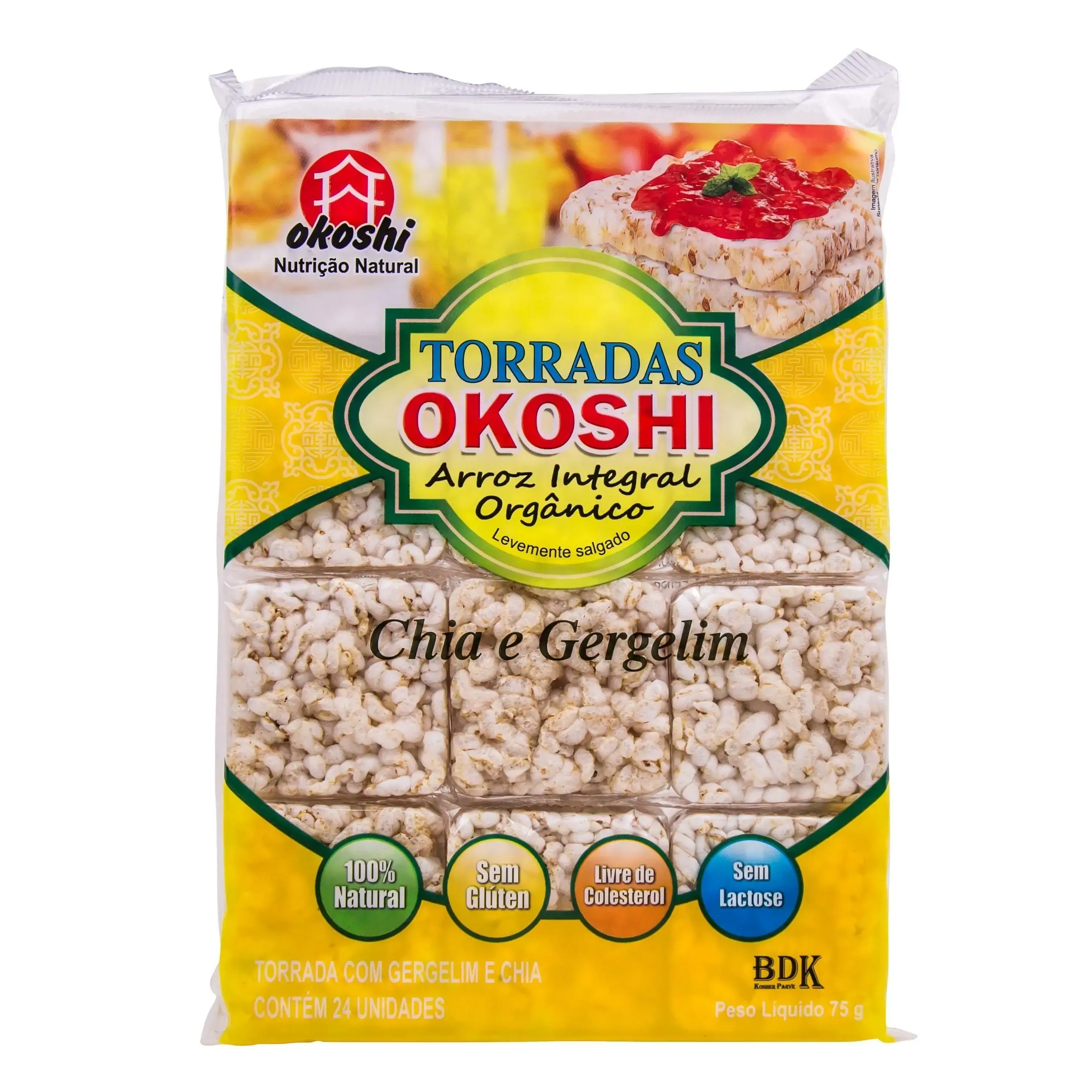 Torrada De Arroz Integral Orgânica Chia E Gergelim Okoshi Pacote 75g 24 Unidades