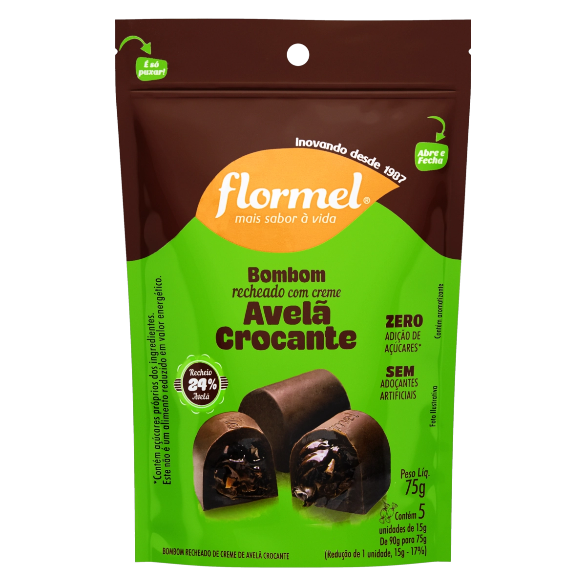 Bombom Recheio Creme Avelã Crocante Flormel Pouch 75g 5 Unidades