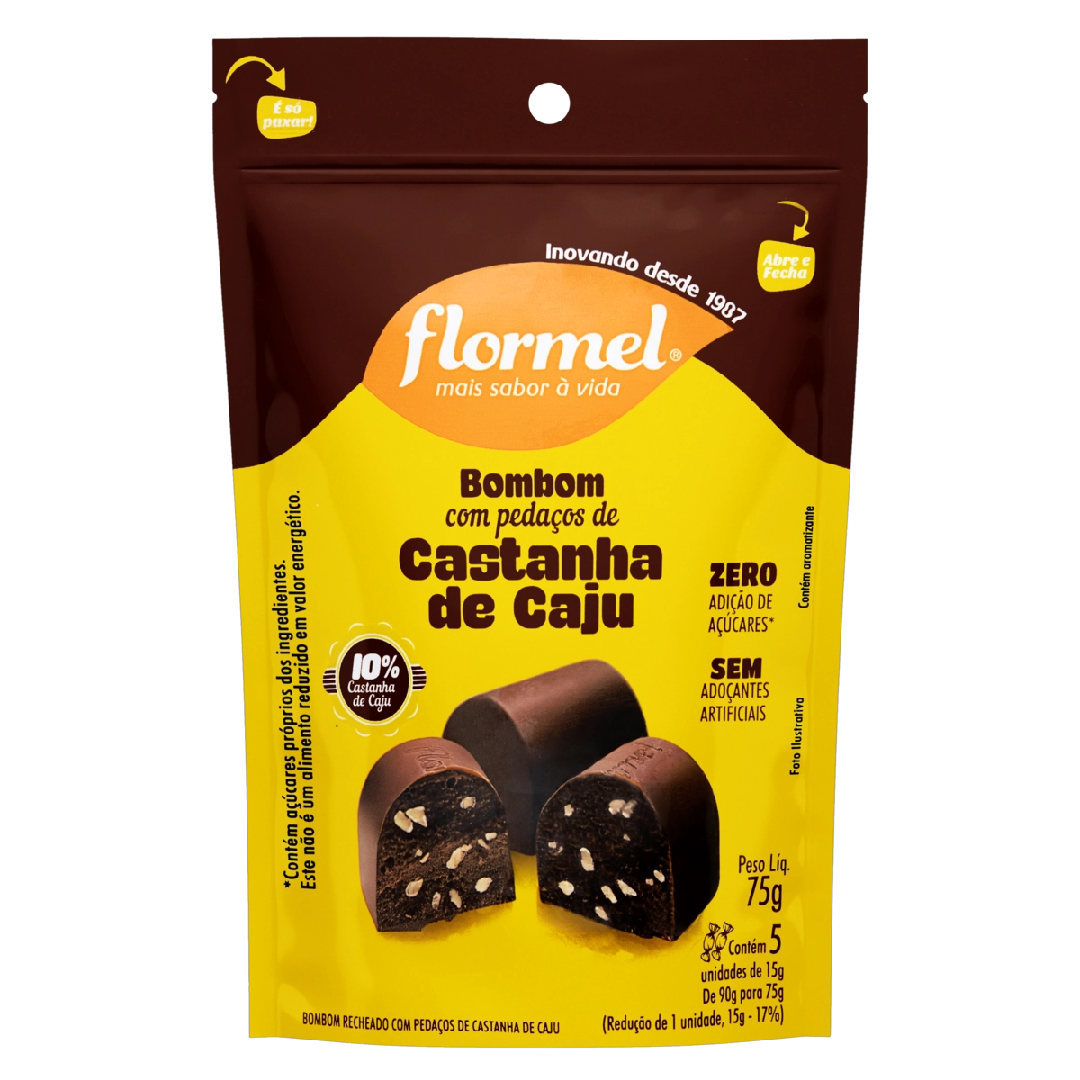 Bombom Recheio Pedaços De Castanha De Caju Flormel Pouch 75g 5 Unidades