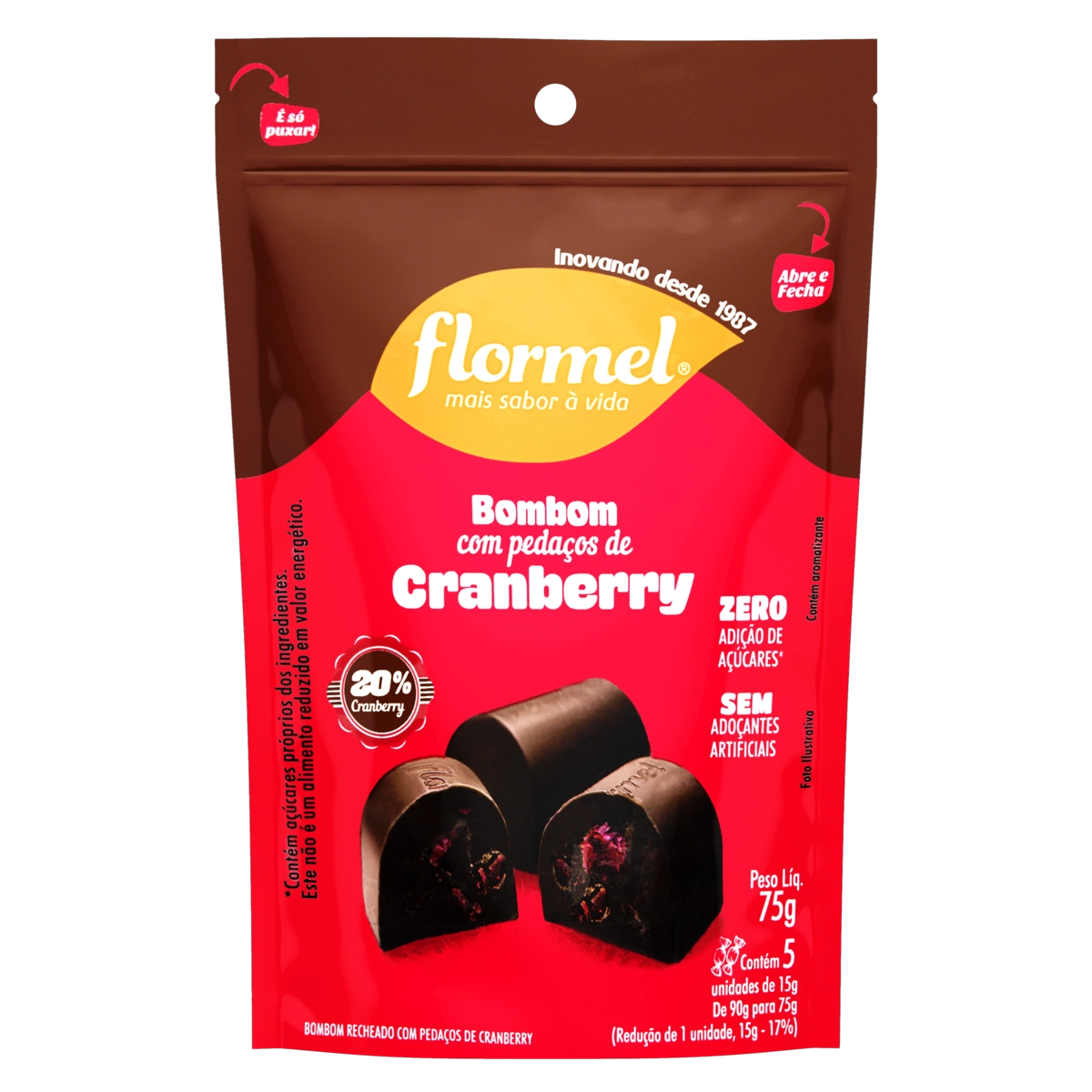 Bombom Recheio Pedaços De Cranberry Flormel Pouch 75g 5 Unidades