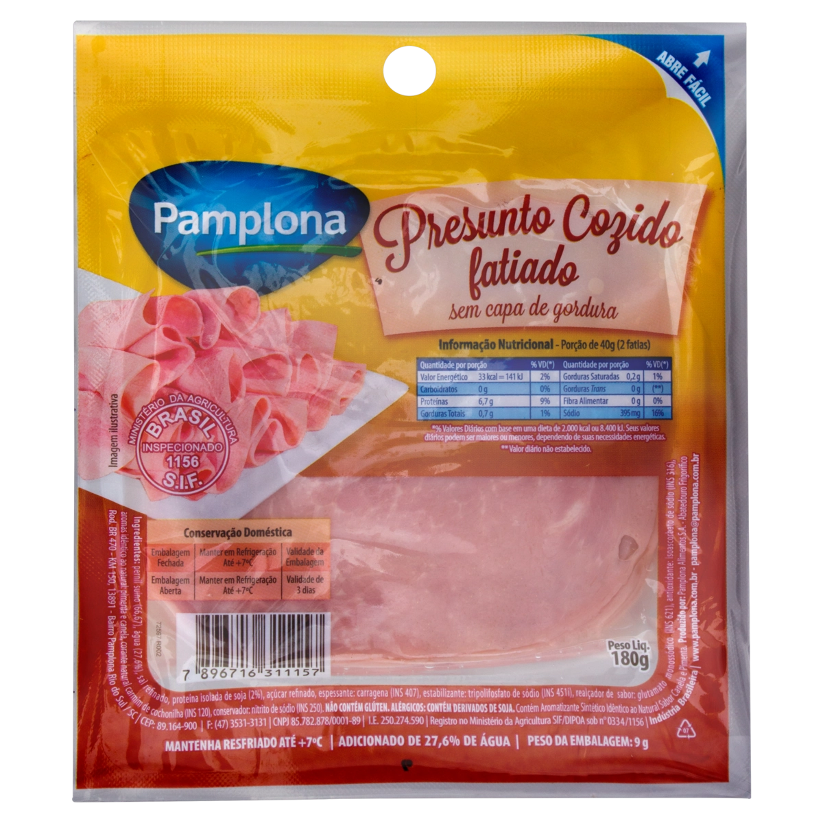 Presunto Cozido Fatiado Sem Capa De Gordura Pamplona 180g