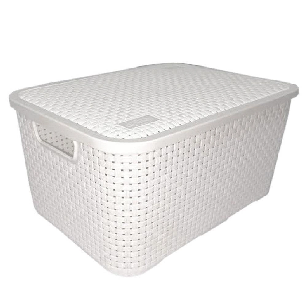 Cesto Organizador Rattan Pequeno Branco C/ Tampa