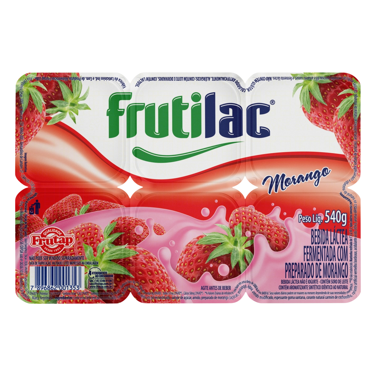 Bebida Láctea Fermentada Morango Frutilac Bandeja 540g 6 Unidades