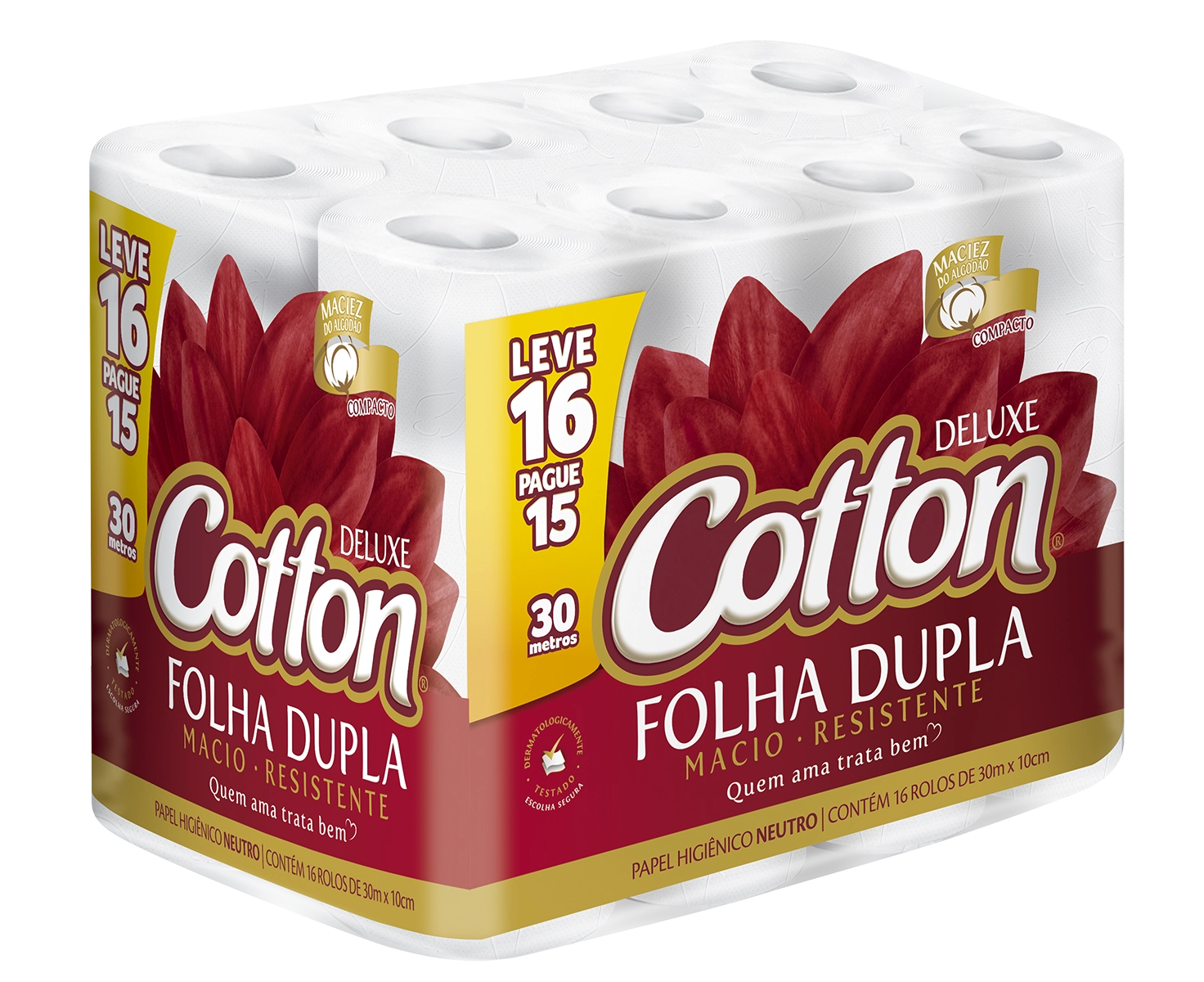Papel Higiênico Folha Dupla Deluxe Cotton 30m Pacote Leve 16 Pague 15 Unidades