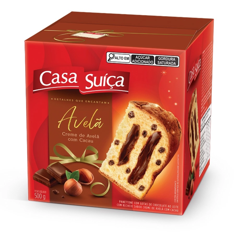 Panettone Com Gotas De Chocolate Ao Leite Recheio Creme De Avelã Com Cacau Casa Suíça Caixa 500g