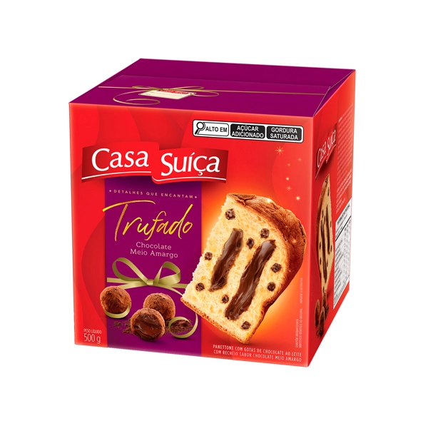 Panettone Com Gotas De Chocolate Ao Leite Recheio Trufado Chocolate Meio Amargo Casa Suíça Caixa 500