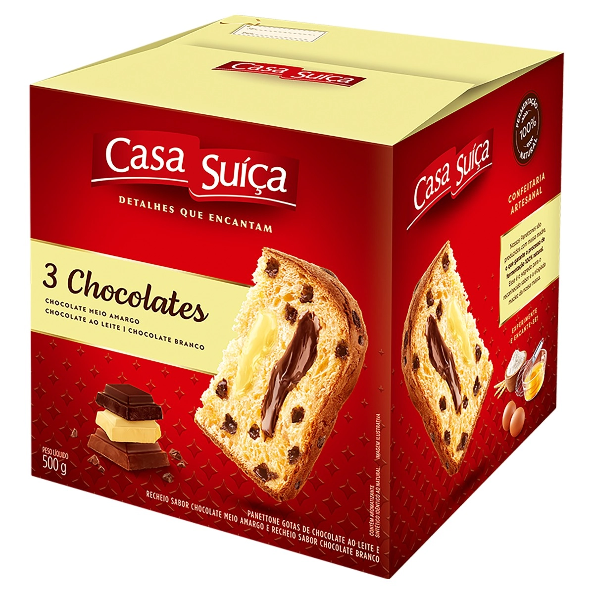 Panettone Com Gotas De Chocolate Ao Leite Recheio 3 Chocolates Casa Suíça Caixa 500g