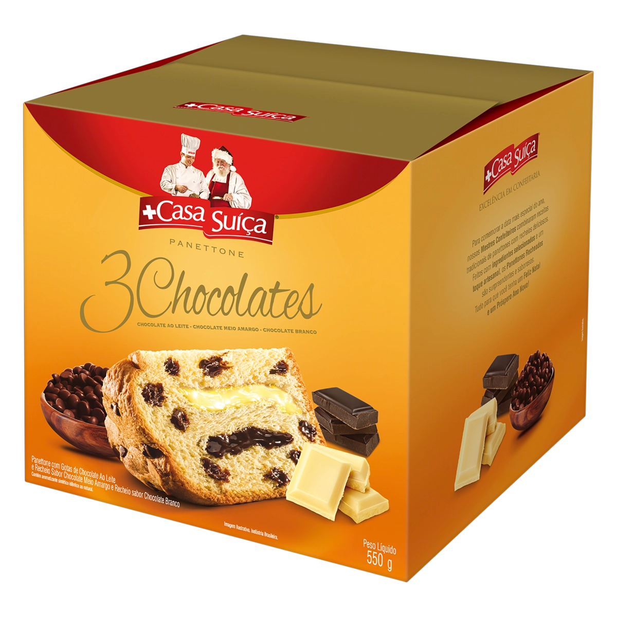 Panettone Com Gotas De Chocolate Recheio 3 Chocolates Casa Suíça Caixa 550g