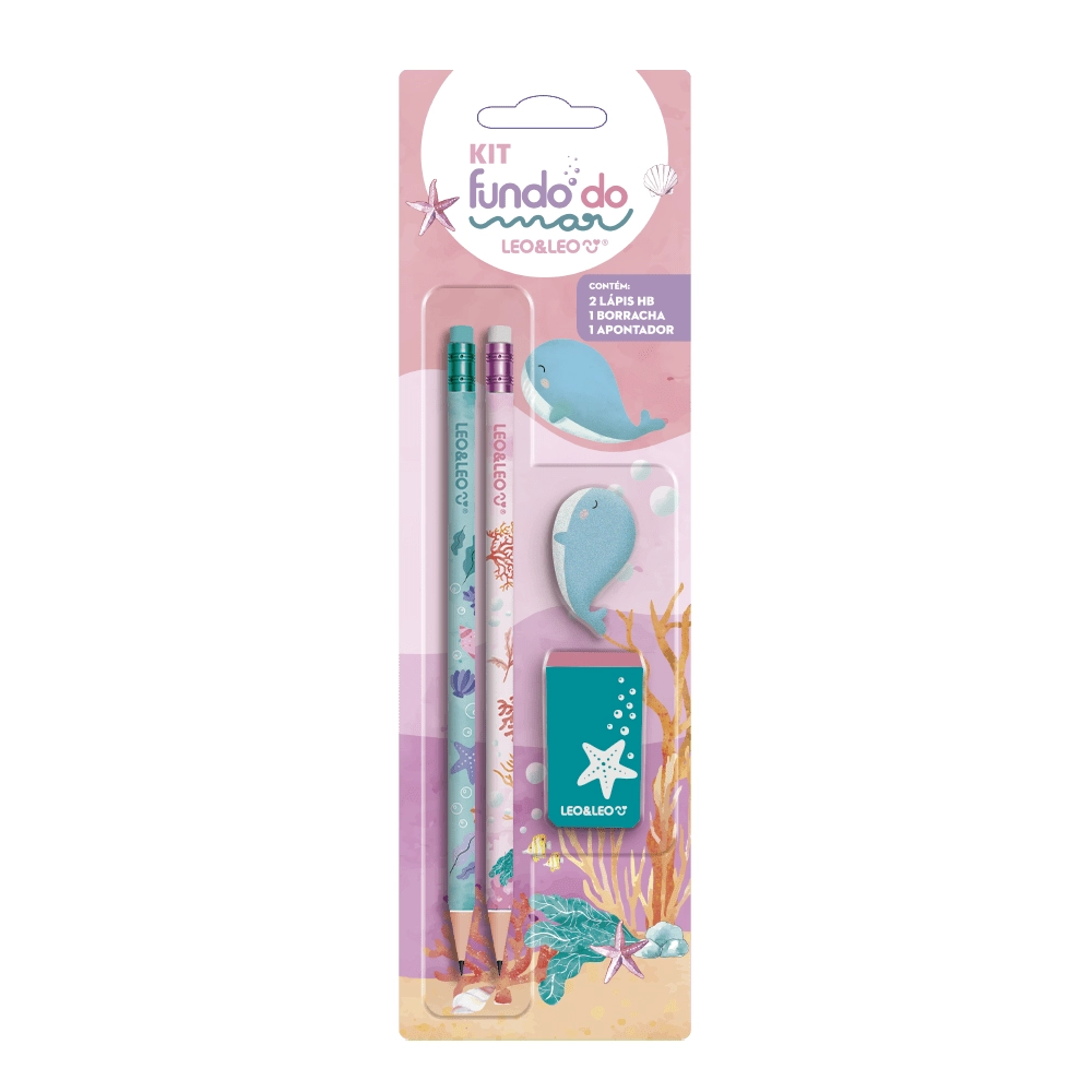 Kit 2 Lapis Hb Apontador Borracha Fundo Mar 72309 Leonora