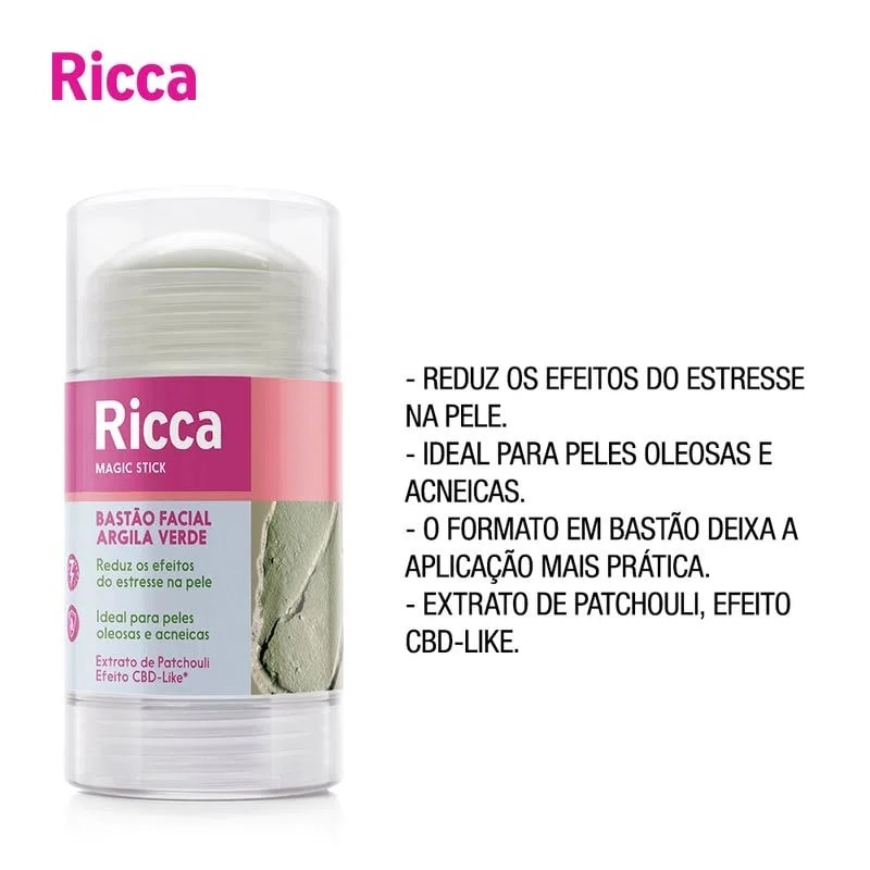 Bastão Facial Argila Verde Ricca Magic Stick Frasco 78g