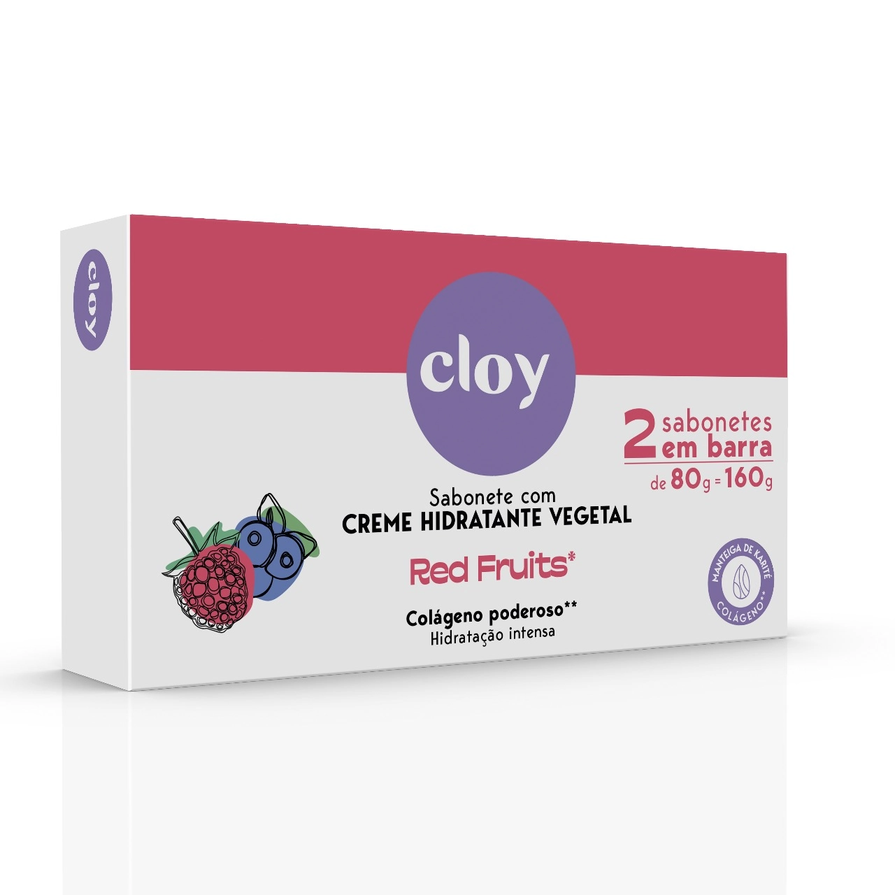 Pack Sabonete Barra Hidratante Vegetal Red Fruits Cloy Colágeno Poderoso Caixa 2 Unidades 80g Cada
