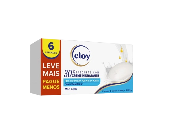 Pack Sabonete Barra Hidratante Vegetal Milk Care Cloy Maciez Perfeita Caixa 6 Unidades 80g Cada Leve