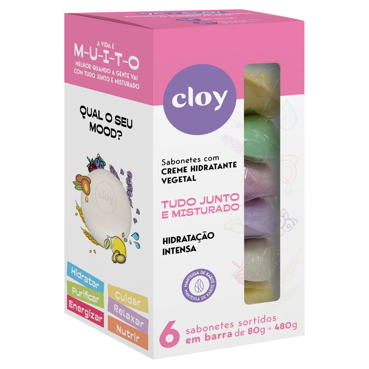 Kit Sabonete Barra Hidratante Vegetal Milk Care Red Fruits Aveia Ginger Lemon Lavanda Argan Cloy 80g
