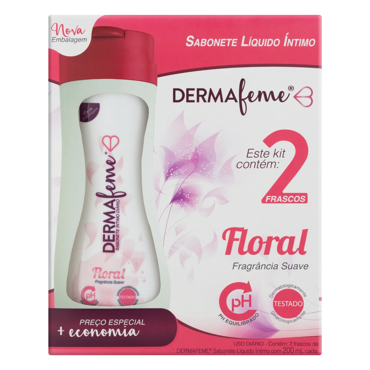 Pack Sabonete Líquido íntimo Suave Floral Dermafeme Frasco 2 Unidades 200ml Cada