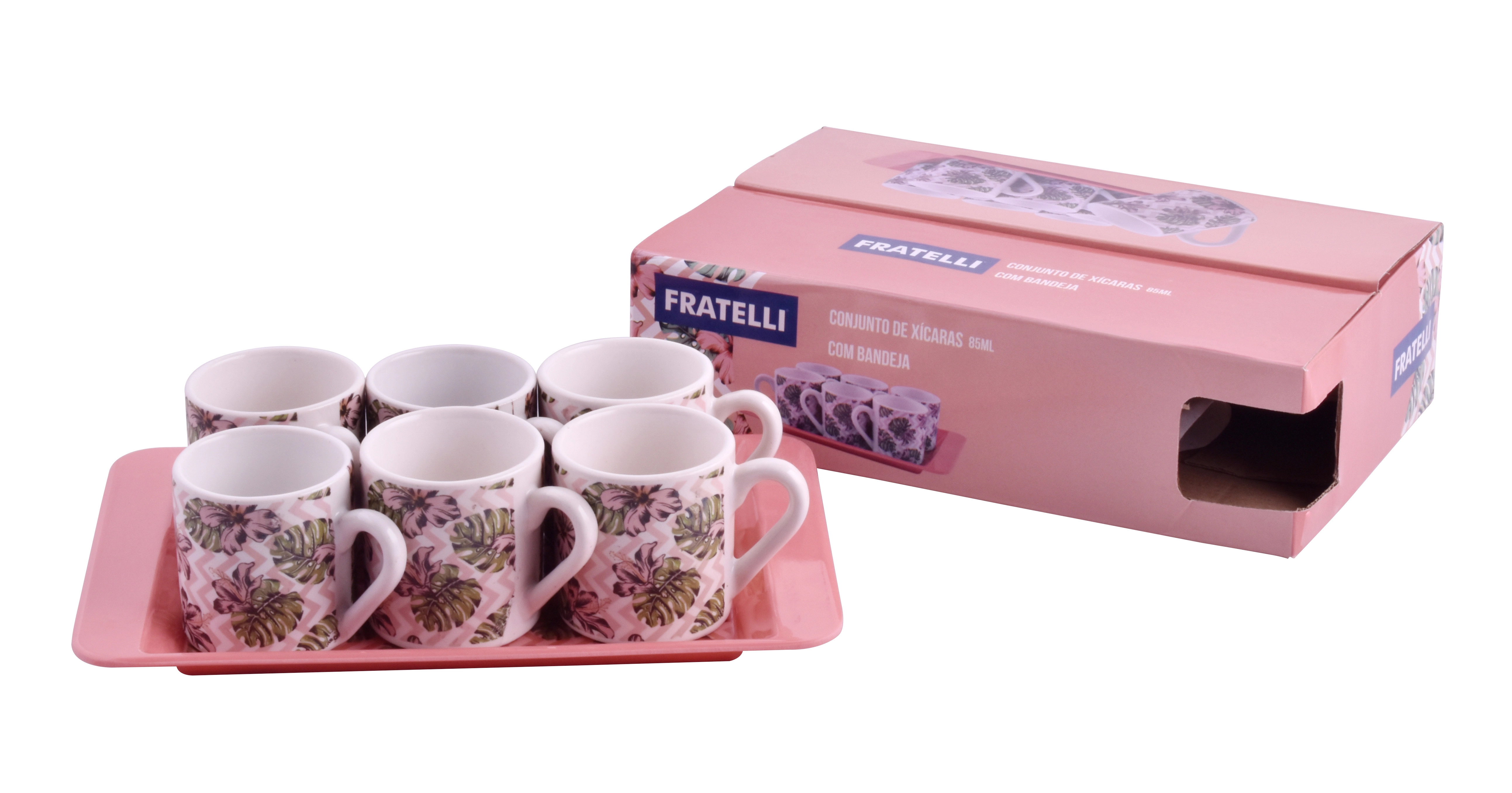 Conjunto De Xicaras 85ml Com Bandeja 7 Pcs Floral Rosa A24729 Fratelli