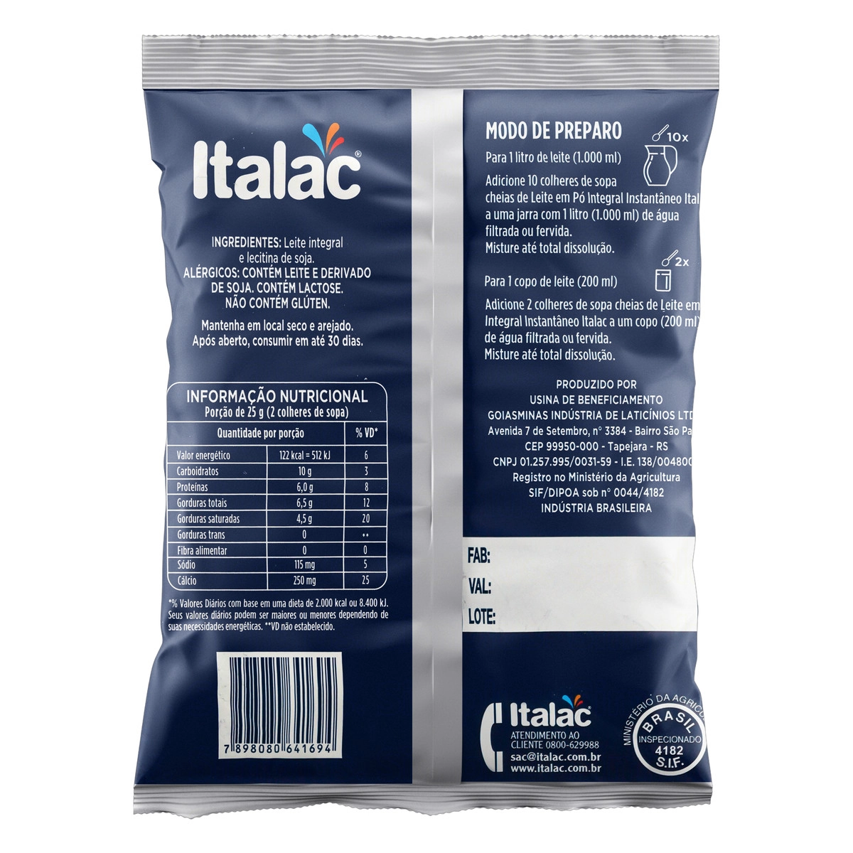 Leite Em Pó Integral Instantâneo 400g Italac