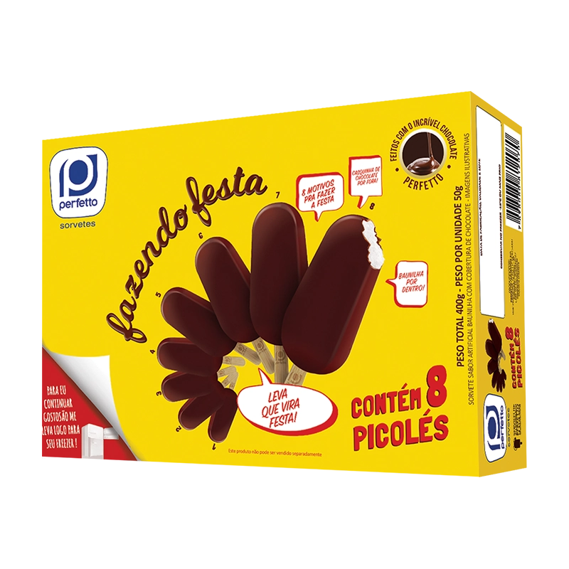 Pack Picolé Baunilha Cobertura Chocolate Perfetto Fazendo Festa Caixa 400g 8 Unidades