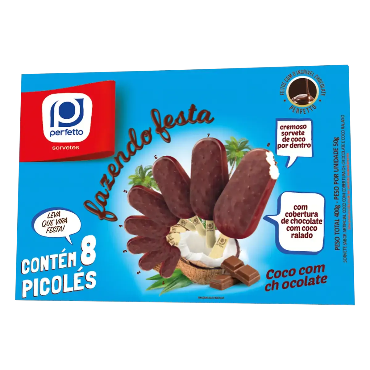 Pack Picolé Coco Cobertura Chocolate E Coco Ralado Perfetto Fazendo Festa Caixa 400g 8 Unidades