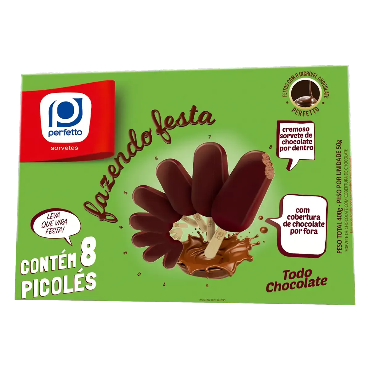 Pack Picolé Chocolate Cobertura Chocolate Perfetto Fazendo Festa Caixa 400g 8 Unidades
