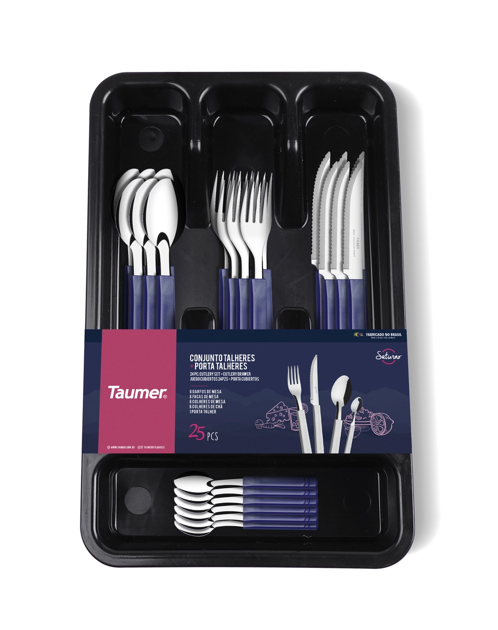 Conjunto De Talheres Taumer Saturno Azul Marinho C/24 Mais Porta Talheres